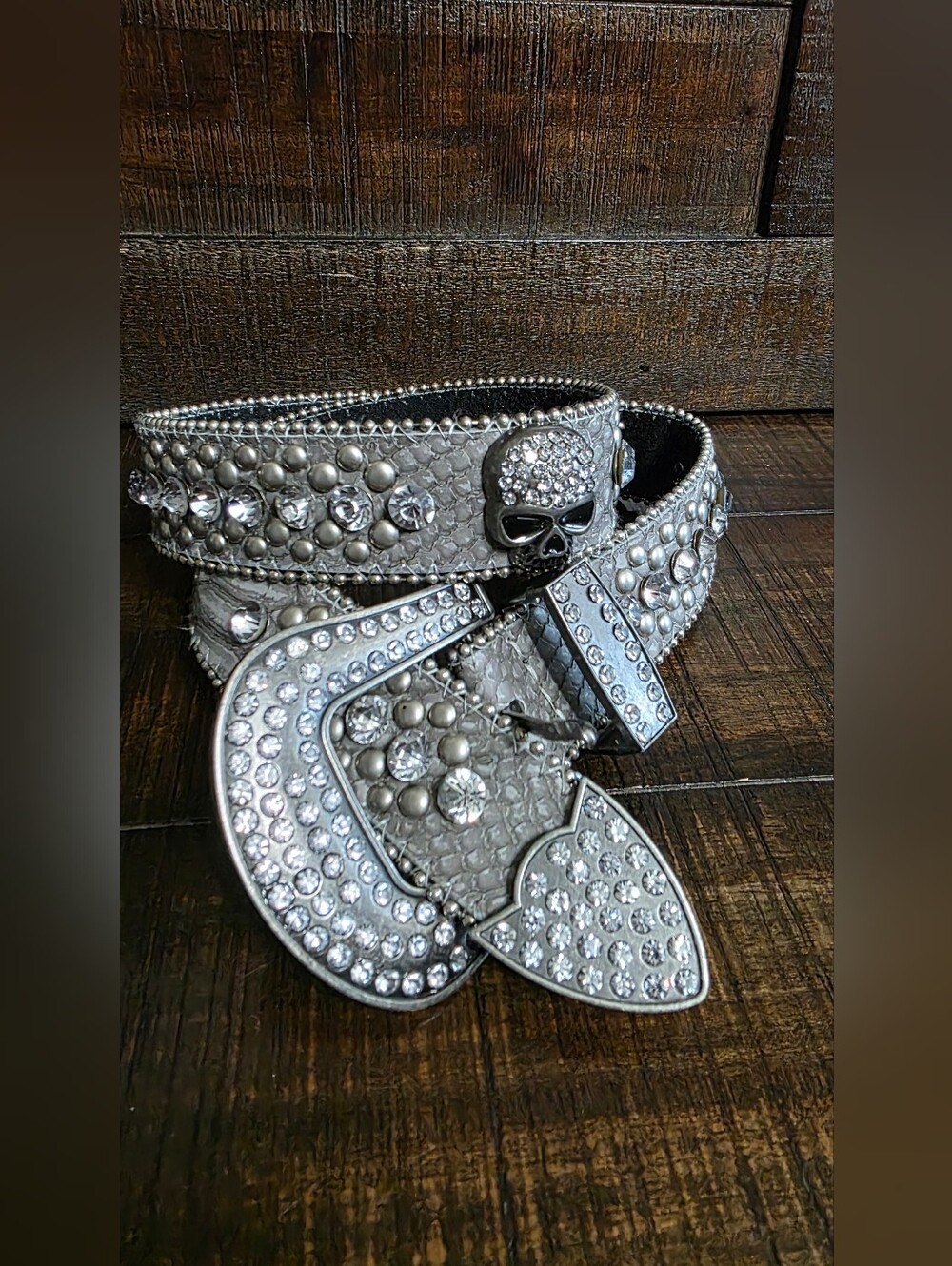 Skull And Rhinestone Studded Snakeskin Belt Grey Blingy 35"